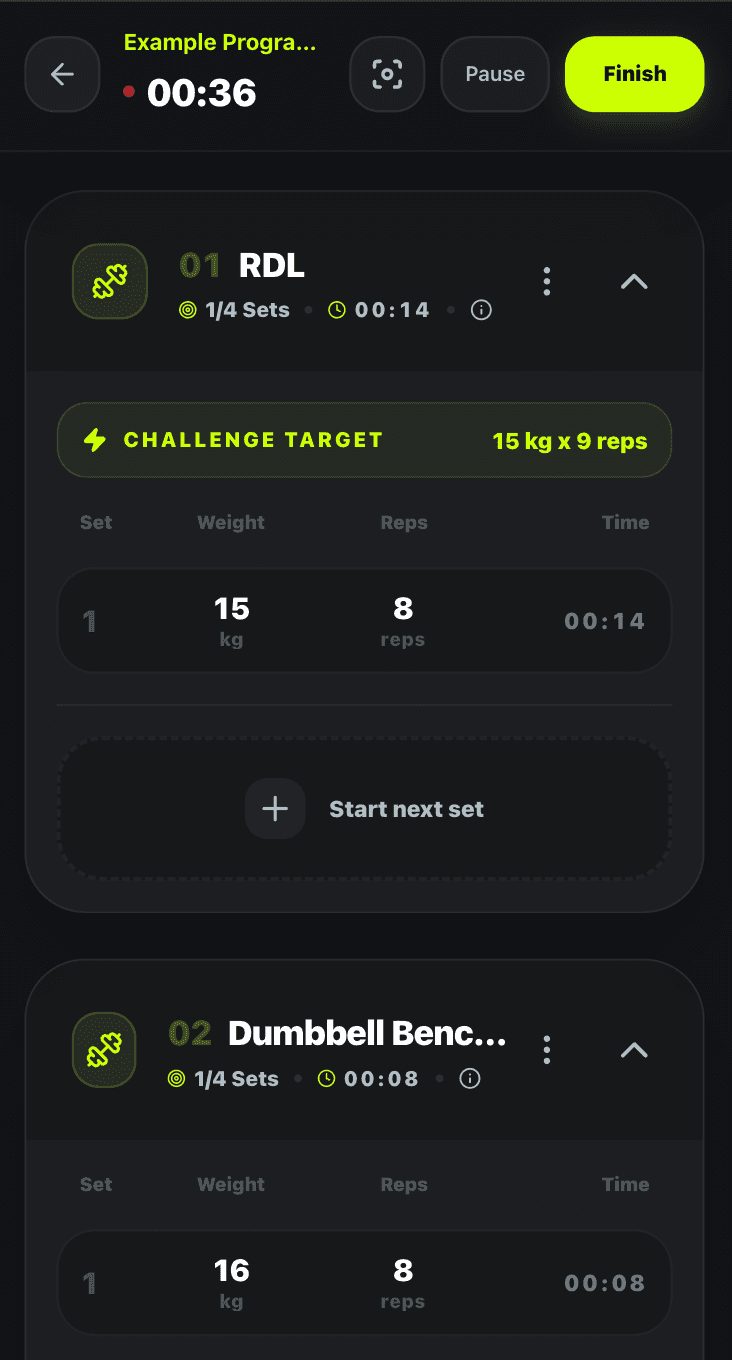 TrainFlow mobile training session showing active timer, exercise cards, challenge target, set logging, pause, and finish controls