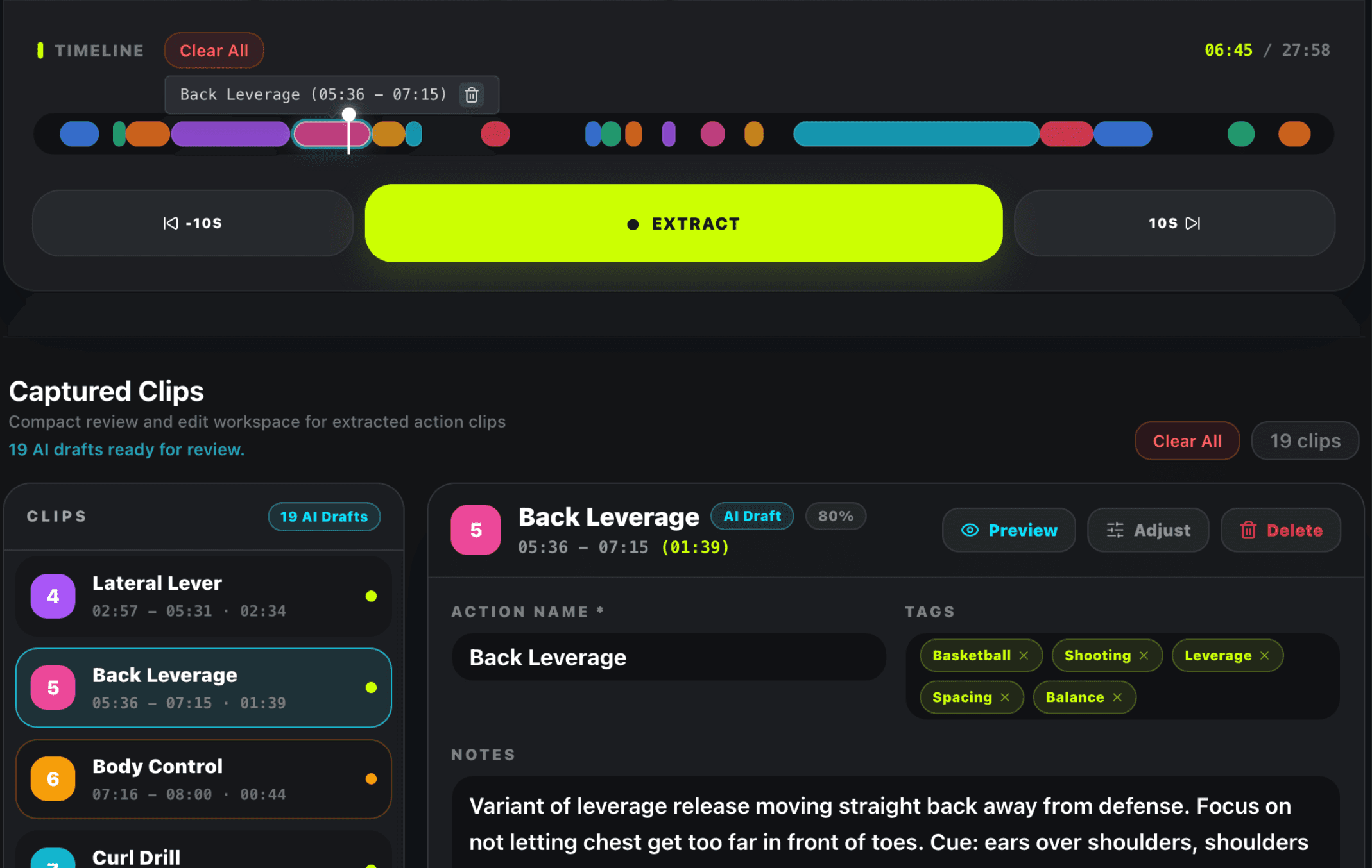 TrainFlow video extraction workspace showing a YouTube timeline, extracted clips, tags, notes, and action details